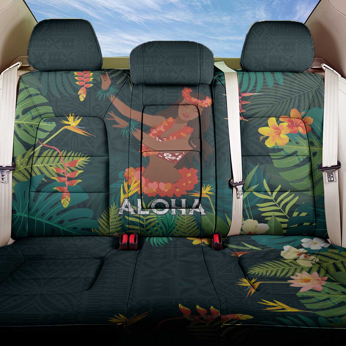 Hawaii Hula Girl Vintage Back Car Seat Cover Tropical Forest LT7 One Size Colorful - Polynesian Pride