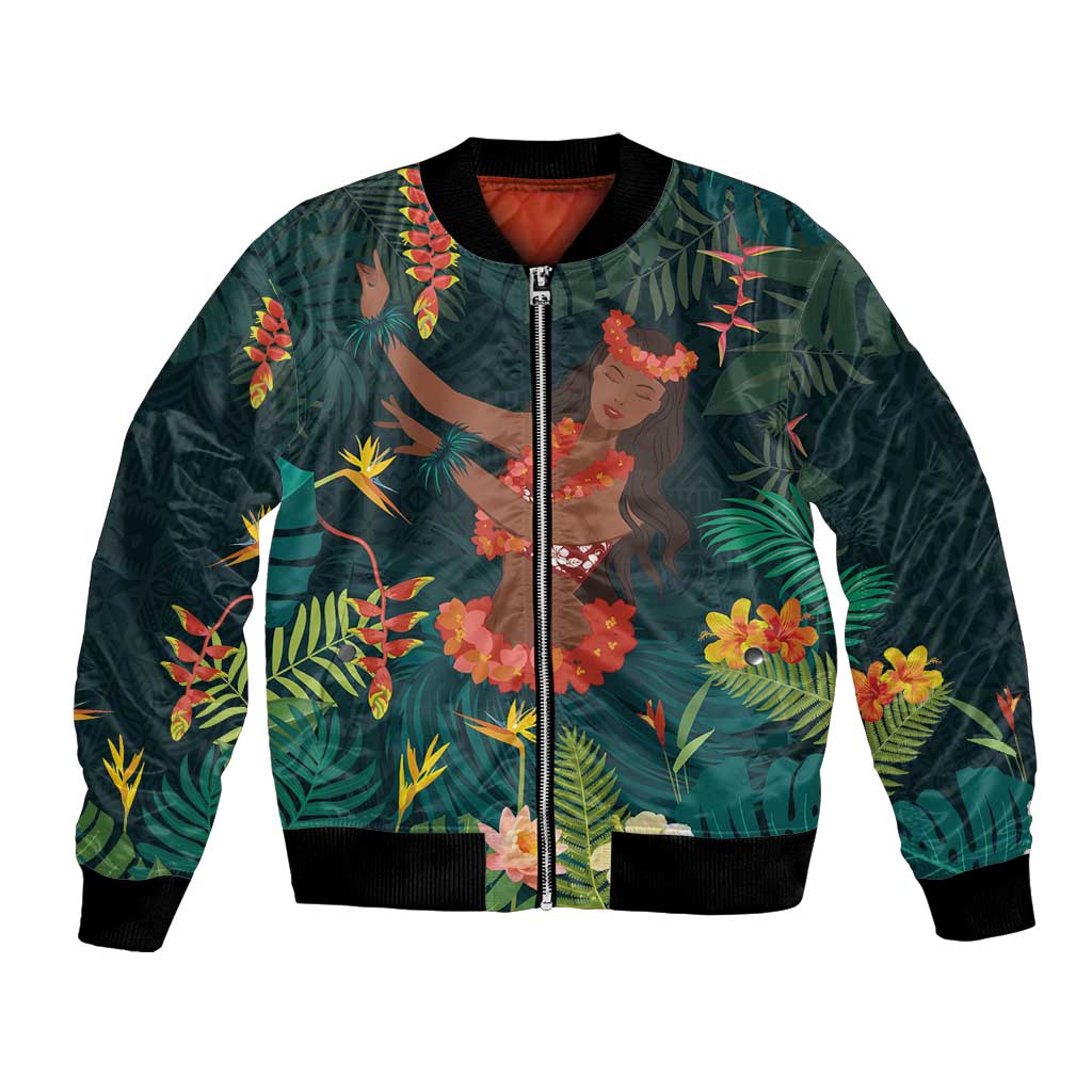 Hawaii Hula Girl Vintage Bomber Jacket Tropical Forest LT7 Unisex Colorful - Polynesian Pride