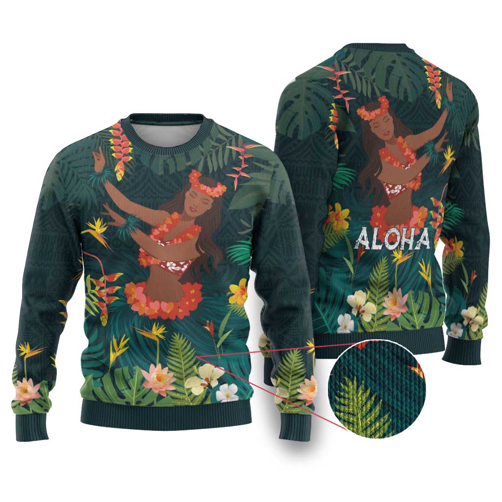 Hawaii Hula Girl Vintage Ugly Christmas Sweater Tropical Forest LT7 Colorful - Polynesian Pride