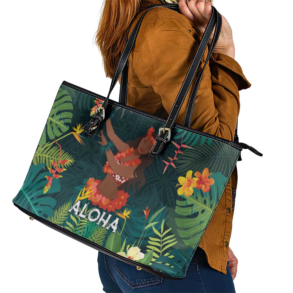 Hawaii Hula Girl Vintage Leather Tote Bag Tropical Forest LT7
