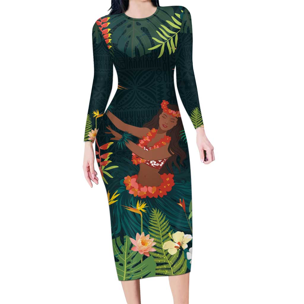 Hawaii Hula Girl Vintage Long Sleeve Bodycon Dress Tropical Forest LT7 Long Dress Colorful - Polynesian Pride