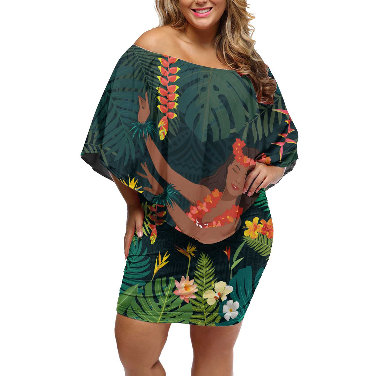 Hawaii Hula Girl Vintage Off Shoulder Short Dress Tropical Forest LT7 Women Colorful - Polynesian Pride