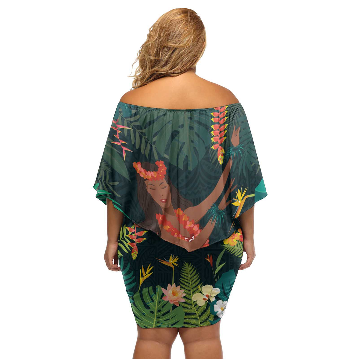 Hawaii Hula Girl Vintage Off Shoulder Short Dress Tropical Forest LT7 - Polynesian Pride