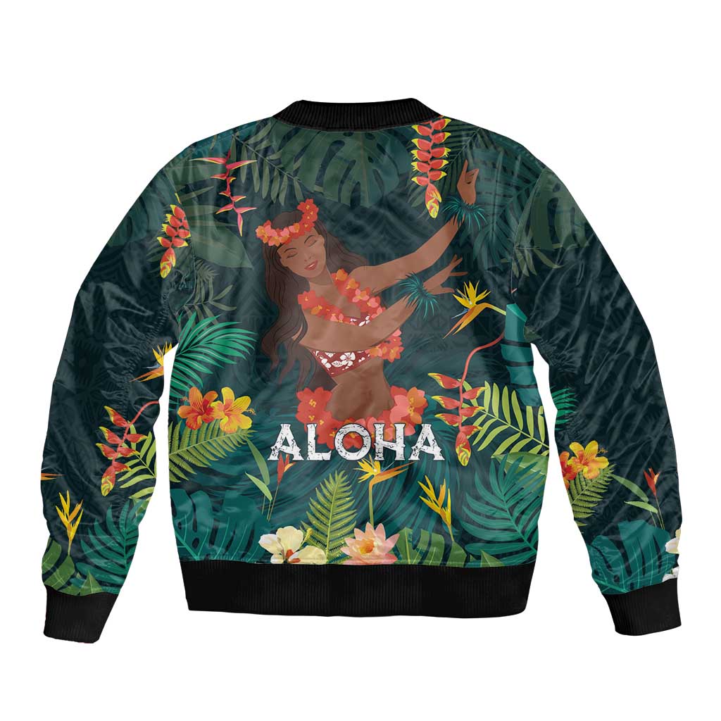 Hawaii Hula Girl Vintage Sleeve Zip Bomber Jacket Tropical Forest LT7 - Polynesian Pride