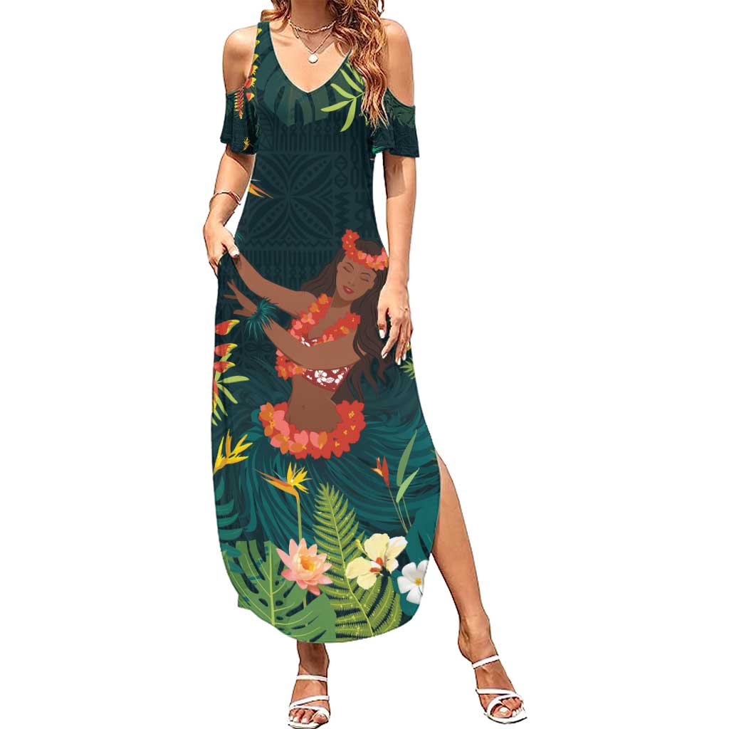 Hawaii Hula Girl Vintage Summer Maxi Dress Tropical Forest LT7 Women Colorful - Polynesian Pride