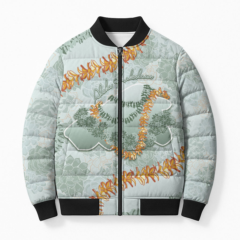 Hawaii Kaho'olawe Island Flowers Lei Bomber Puffer Jacket Silver Hinahina Kū Kahakai LT7 Unisex Silver - Polynesian Pride