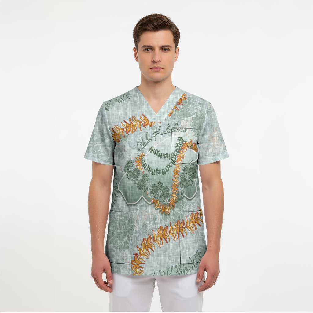 Hawaii Kaho'olawe Island Flowers Lei Scrub Top Silver Hinahina Kū Kahakai LT7 - Polynesian Pride