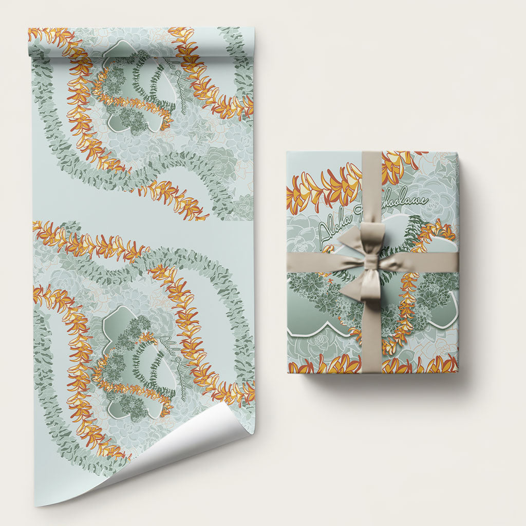 Hawaii Kahoʻolawe Island Flowers Lei Wrapping Paper Silver Hinahina Kū Kahakai LT7 58" × 23" Silver - Polynesian Pride