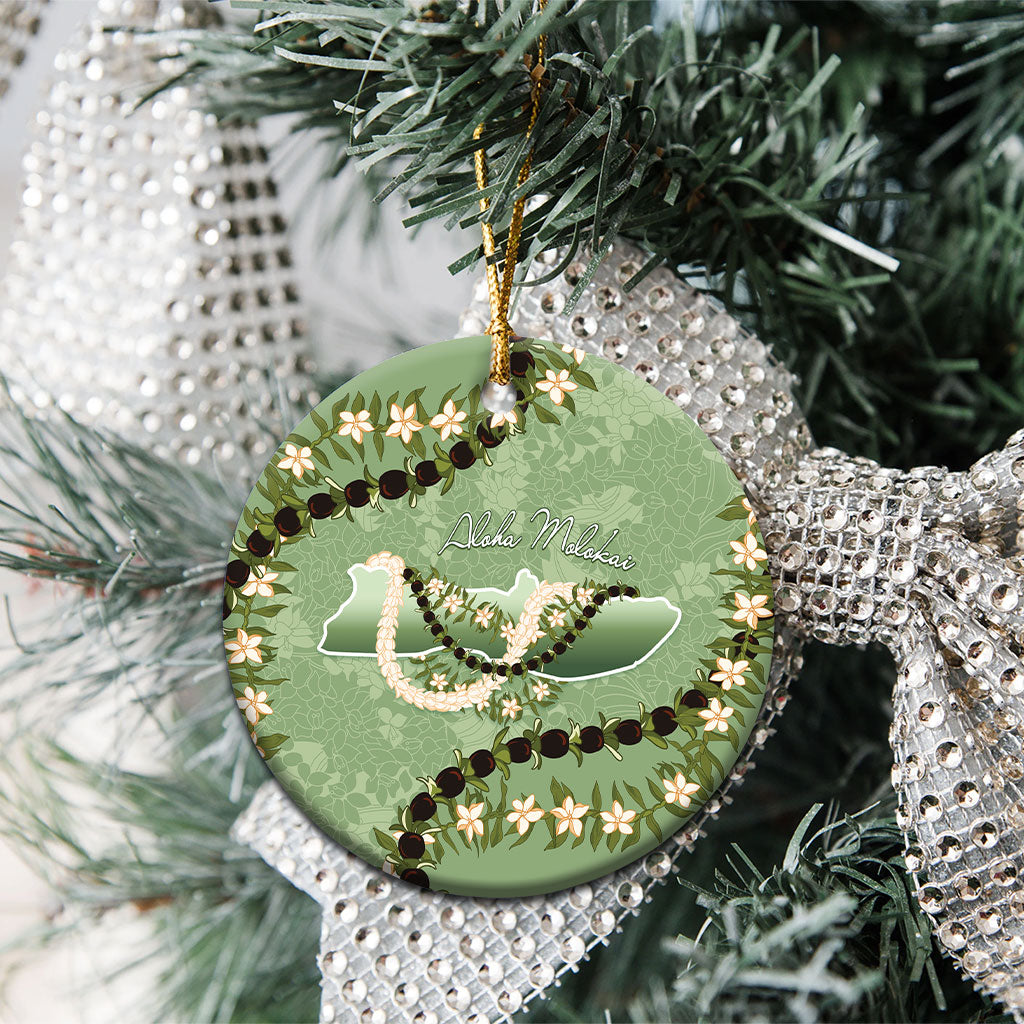 Hawaii Molokai Island Flowers Lei Ceramic Ornament Kukui Nut Mossy Green