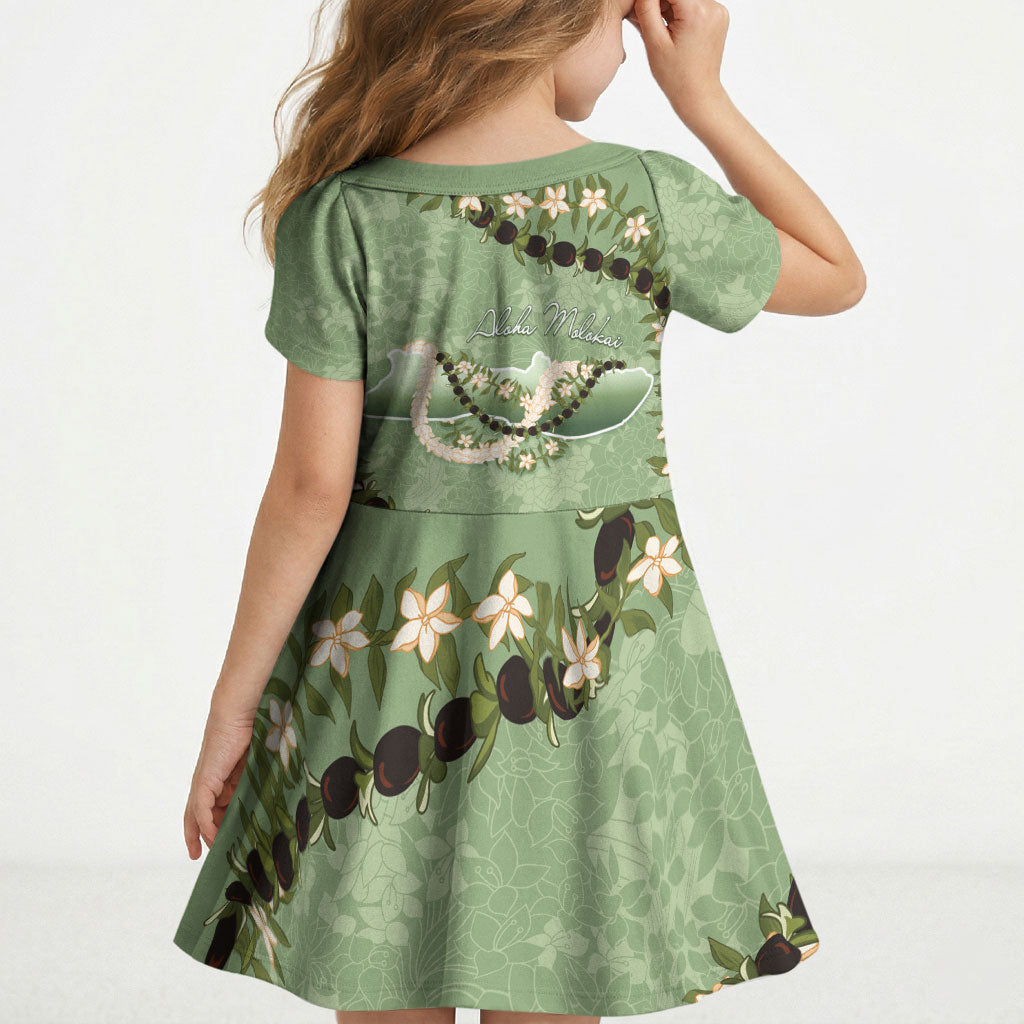 Hawaii Molokai Island Flowers Lei Kid Short Sleeve Dress Kukui Nut Mossy Green LT7 - Polynesian Pride