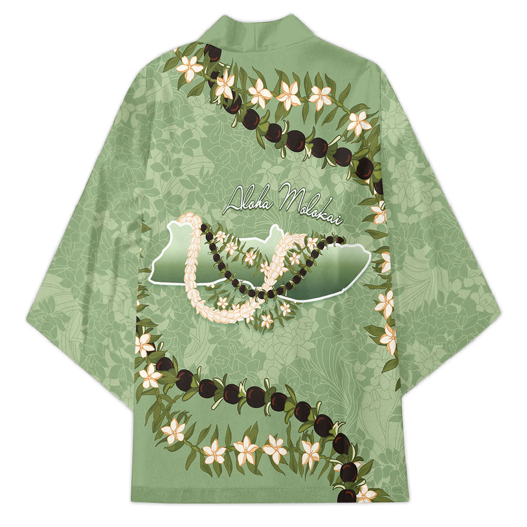 Hawaii Molokai Island Flowers Lei Kimono Kukui Nut Mossy Green LT7 - Polynesian Pride