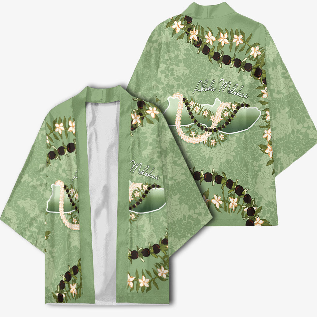 Hawaii Molokai Island Flowers Lei Kimono Kukui Nut Mossy Green LT7 - Polynesian Pride