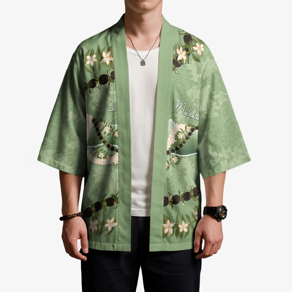 Hawaii Molokai Island Flowers Lei Kimono Kukui Nut Mossy Green LT7 - Polynesian Pride