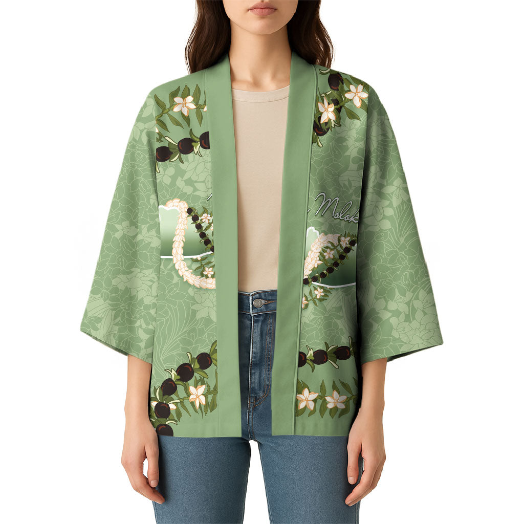 Hawaii Molokai Island Flowers Lei Kimono Kukui Nut Mossy Green LT7 - Polynesian Pride