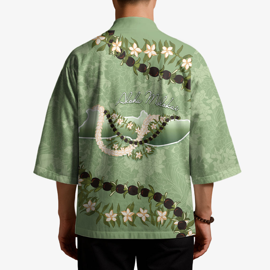 Hawaii Molokai Island Flowers Lei Kimono Kukui Nut Mossy Green LT7 - Polynesian Pride
