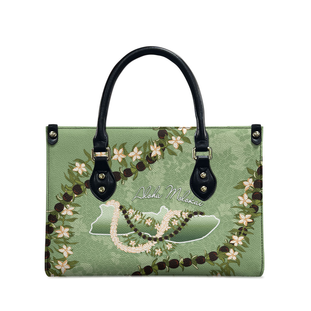 Hawaii Molokai Island Flowers Lei Leather Bag Kukui Nut Mossy Green LT7 - Polynesian Pride