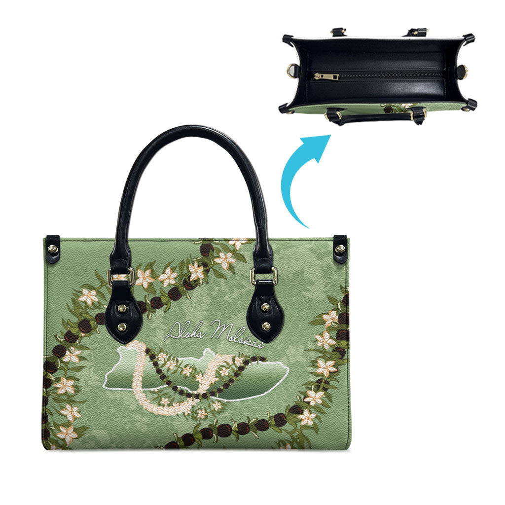 Hawaii Molokai Island Flowers Lei Leather Bag Kukui Nut Mossy Green LT7 - Polynesian Pride
