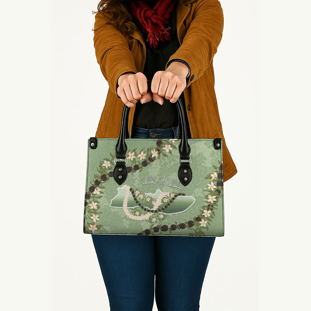 Hawaii Molokai Island Flowers Lei Leather Bag Kukui Nut Mossy Green LT7 - Polynesian Pride