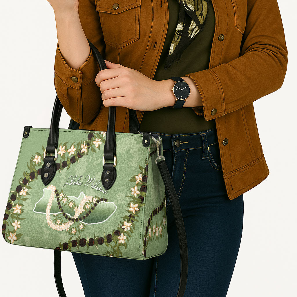 Hawaii Molokai Island Flowers Lei Leather Bag Kukui Nut Mossy Green LT7 - Polynesian Pride