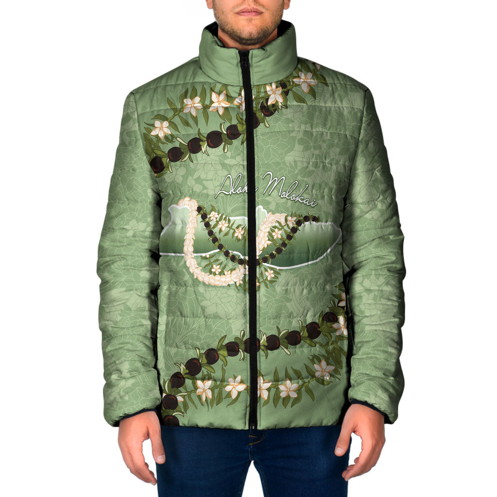Hawaii Molokai Island Flowers Lei Padded Jacket Kukui Nut Mossy Green LT7 Men Moss Green - Polynesian Pride