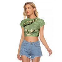 Hawaii Molokai Island Flowers Lei Raglan Cropped T Shirt Kukui Nut Mossy Green LT7 Female Moss Green - Polynesian Pride