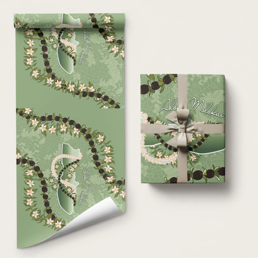 Hawaii Molokai Island Flowers Lei Wrapping Paper Kukui Nut Mossy Green LT7 58" × 23" Moss Green - Polynesian Pride