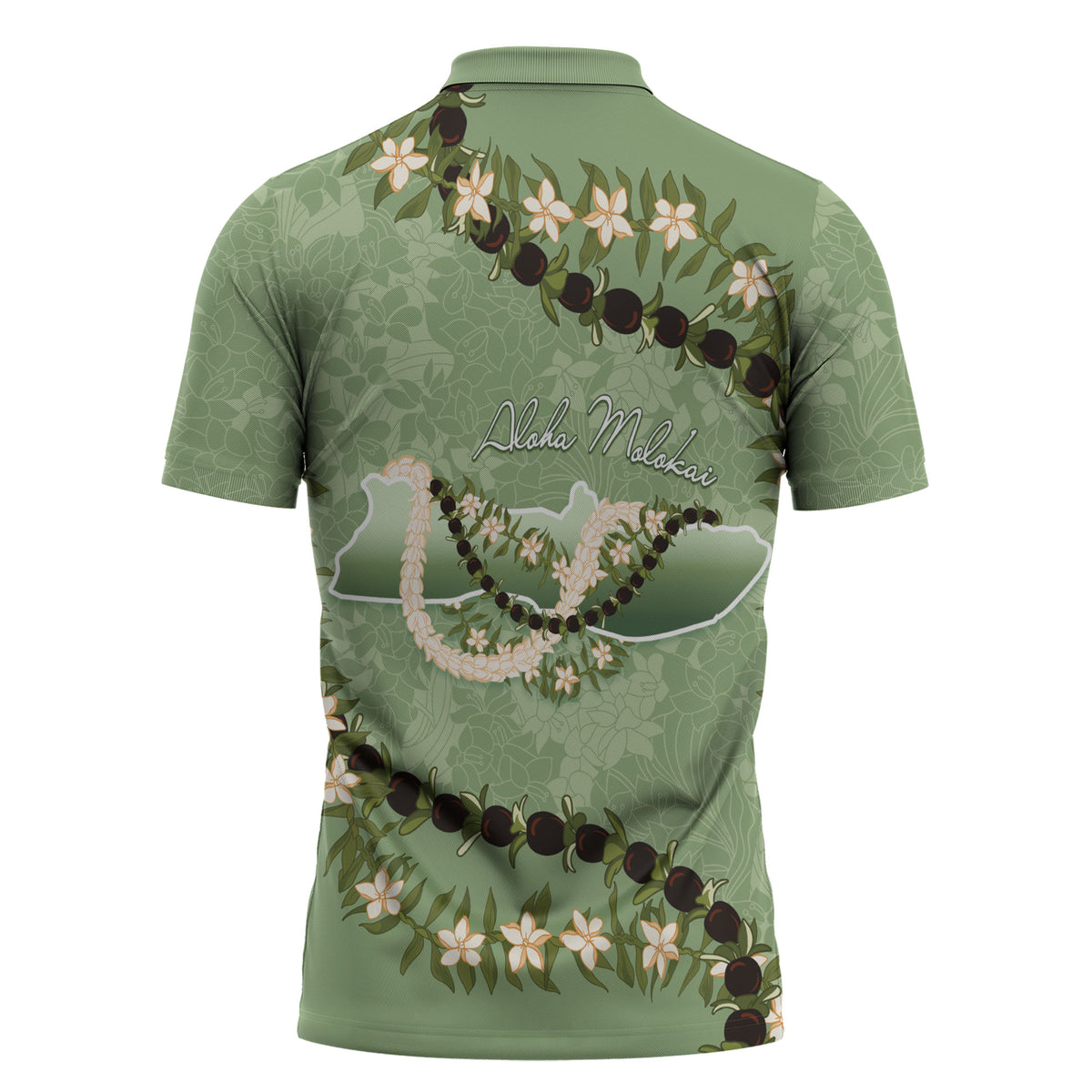 Hawaii Molokai Island Flowers Lei Zipper Polo Shirt Kukui Nut Mossy Green LT7 - Polynesian Pride