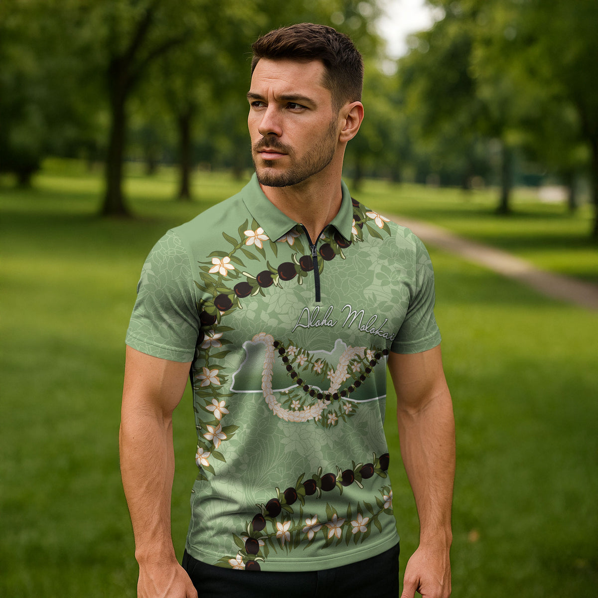 Hawaii Molokai Island Flowers Lei Zipper Polo Shirt Kukui Nut Mossy Green LT7 - Polynesian Pride