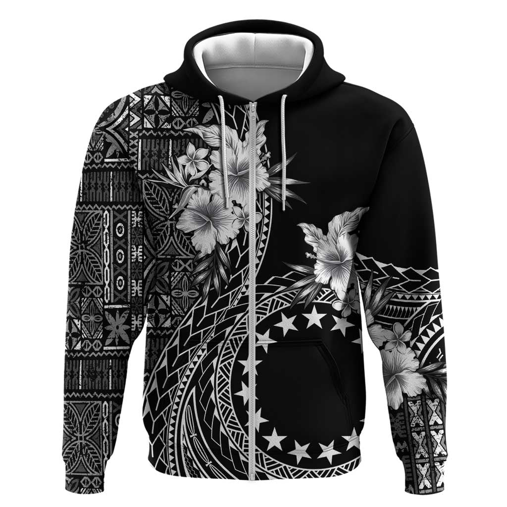 Kia Orana Cook Islands Hoodie Tiare and Stars LT7 Zip Hoodie Black - Polynesian Pride