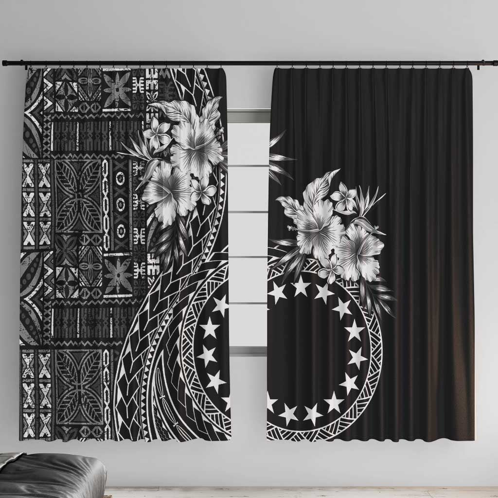 Kia Orana Cook Islands Window Curtain Tiare and Stars LT7 With Hooks Black - Polynesian Pride
