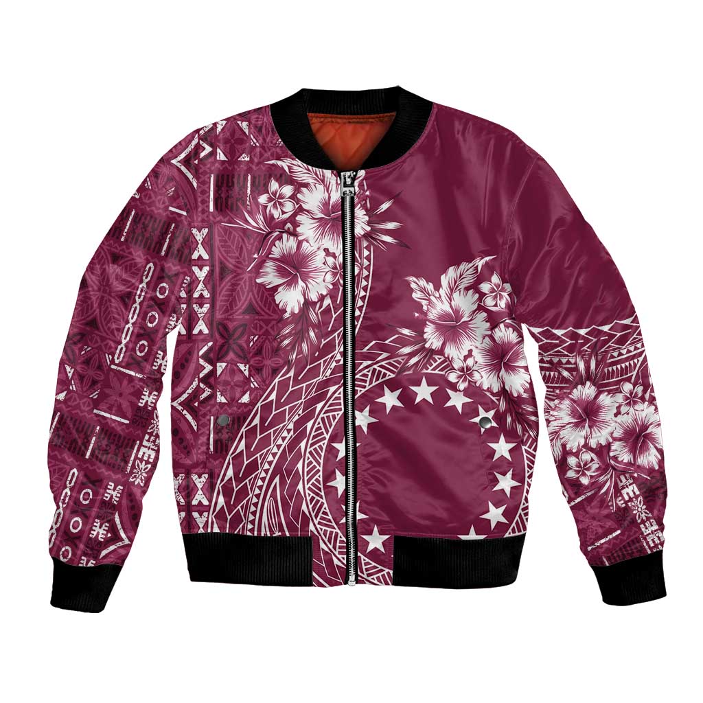 Kia Orana Cook Islands Bomber Jacket Tiare and Stars - Maroon LT7 Unisex Maroon - Polynesian Pride