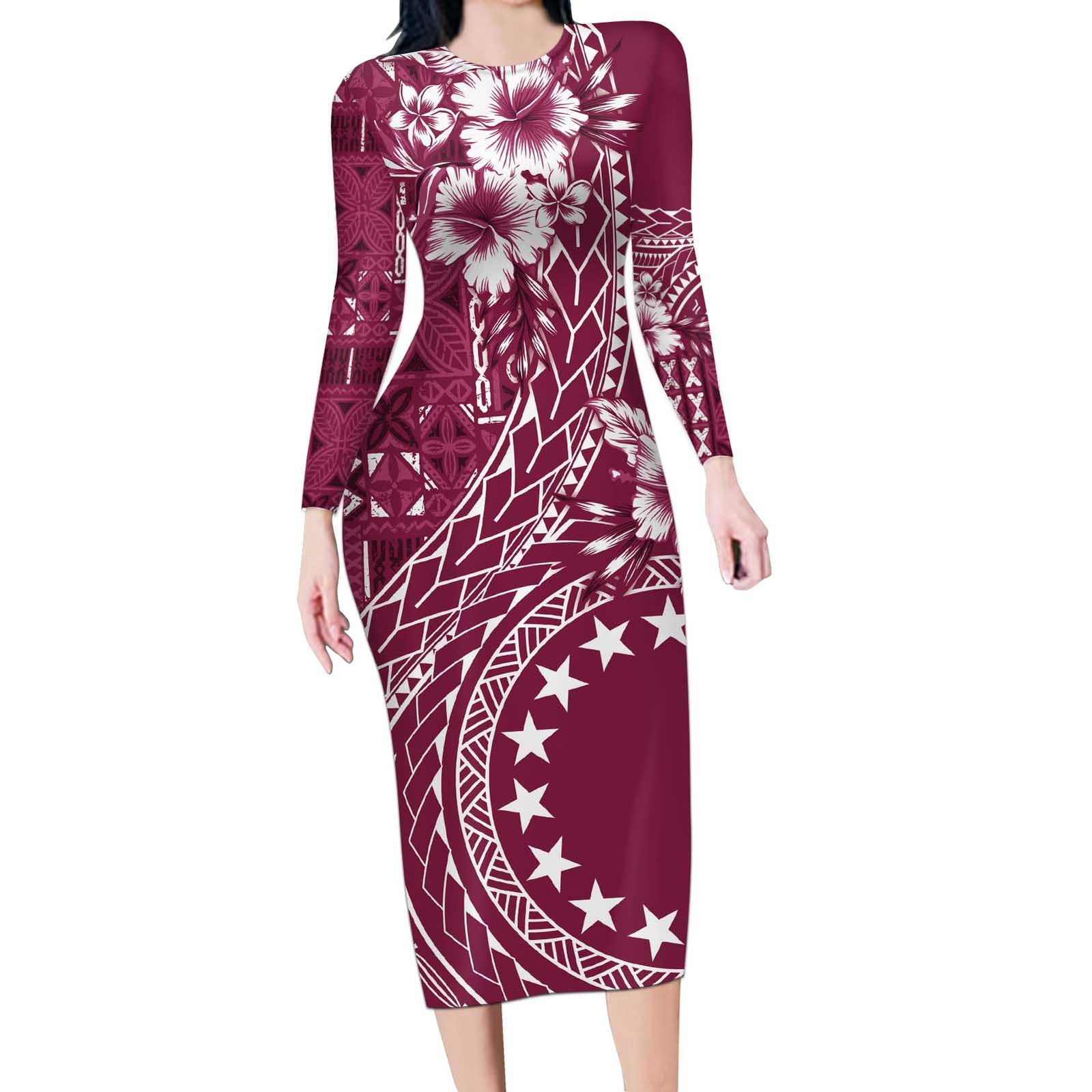 Kia Orana Cook Islands Long Sleeve Bodycon Dress Tiare and Stars - Maroon LT7 Long Dress Maroon - Polynesian Pride
