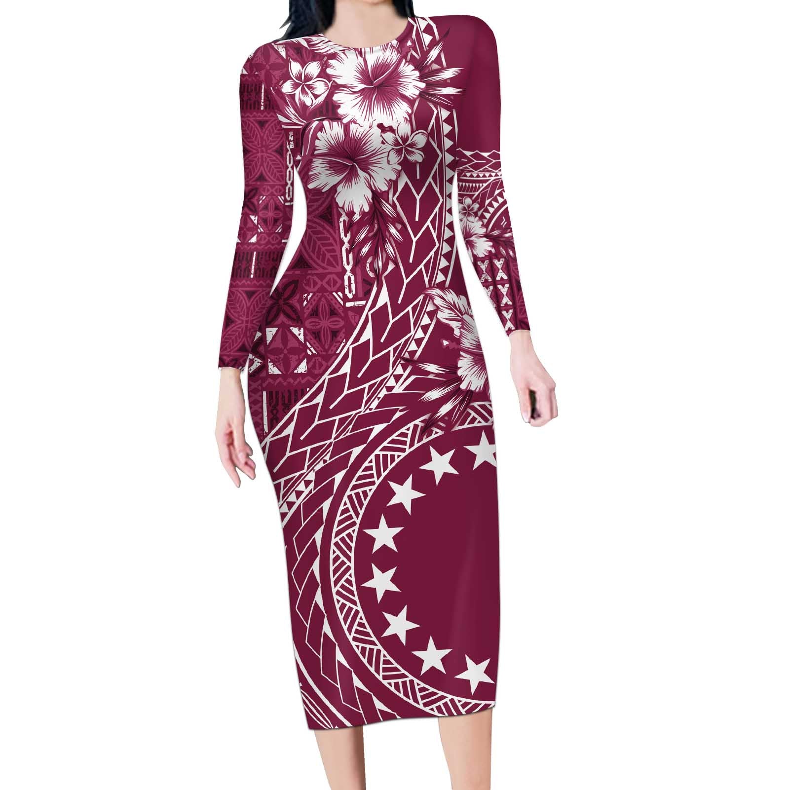 Kia Orana Cook Islands Long Sleeve Bodycon Dress Tiare and Stars - Maroon