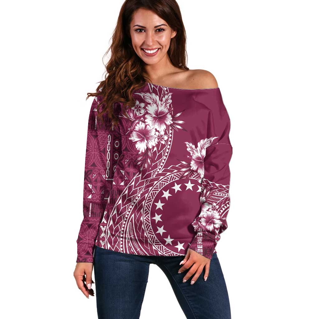 Kia Orana Cook Islands Off Shoulder Sweater Tiare and Stars - Maroon LT7 Women Maroon - Polynesian Pride