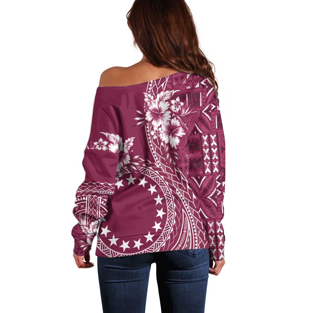 Kia Orana Cook Islands Off Shoulder Sweater Tiare and Stars - Maroon LT7 - Polynesian Pride