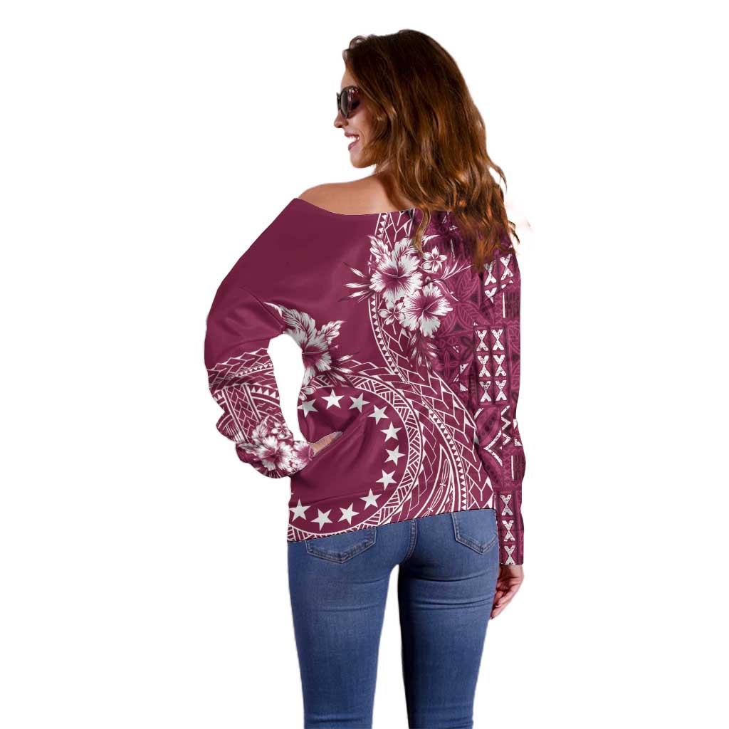 Kia Orana Cook Islands Off Shoulder Sweater Tiare and Stars - Maroon LT7 - Polynesian Pride