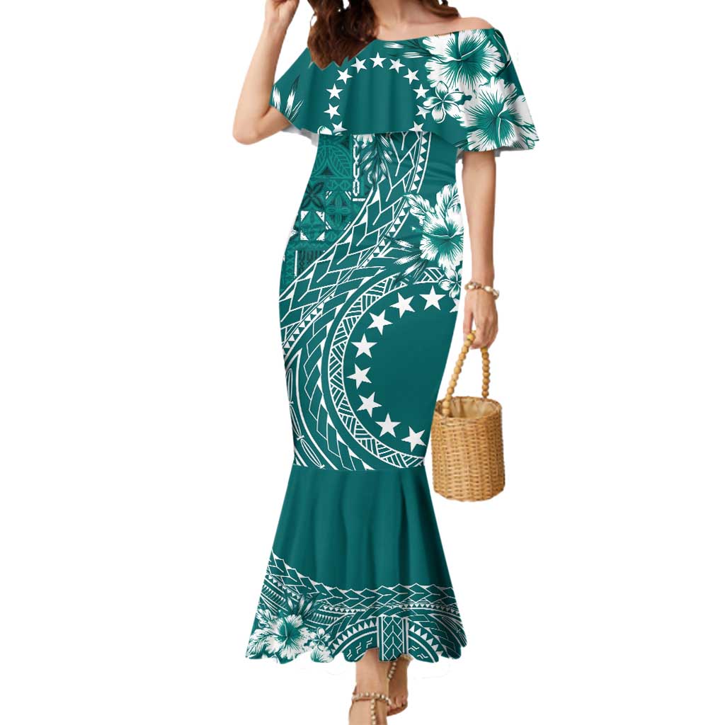Kia Orana Cook Islands Mermaid Dress Tiare and Stars - Teal LT7 Women Teal - Polynesian Pride