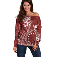 Kia Orana Cook Islands Off Shoulder Sweater Tiare and Stars - Scarlet LT7 Women Red - Polynesian Pride