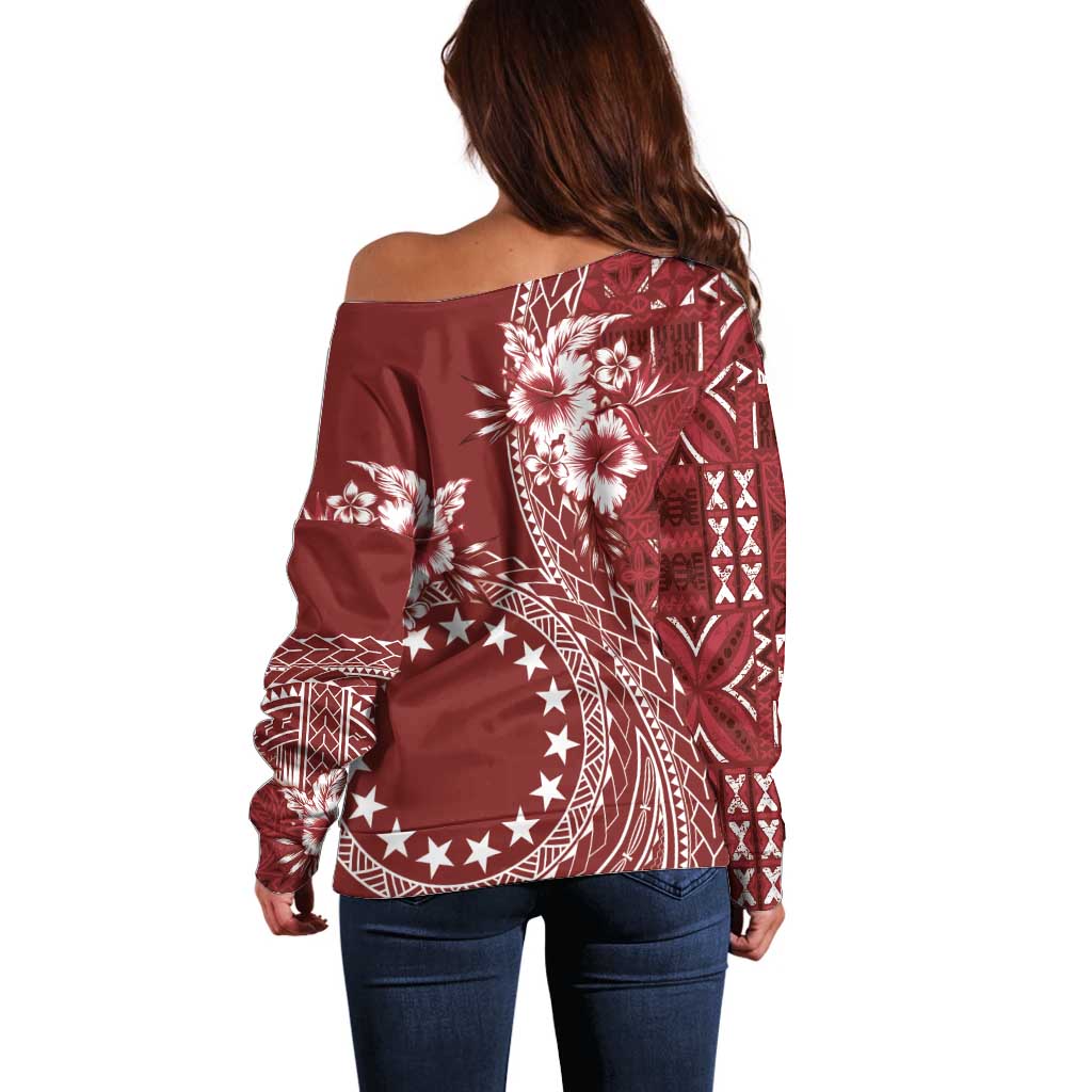 Kia Orana Cook Islands Off Shoulder Sweater Tiare and Stars - Scarlet LT7 - Polynesian Pride