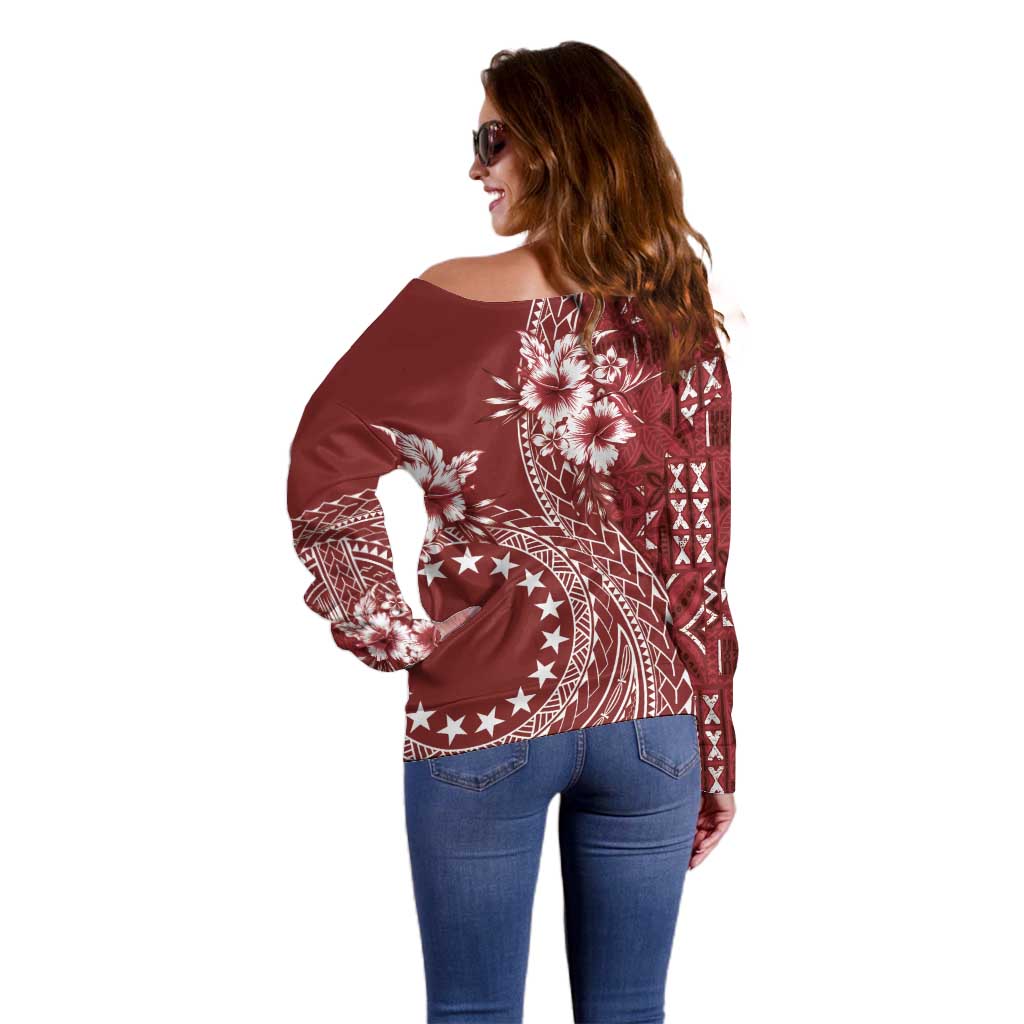 Kia Orana Cook Islands Off Shoulder Sweater Tiare and Stars - Scarlet LT7 - Polynesian Pride