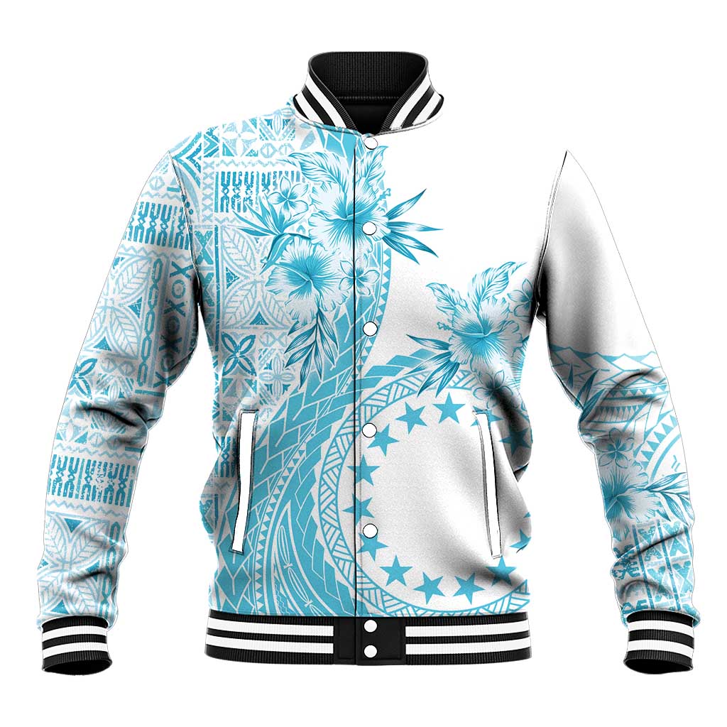 Kia Orana Cook Islands Baseball Jacket Tiare and Stars - Turquoise LT7 Unisex Turquoise - Polynesian Pride