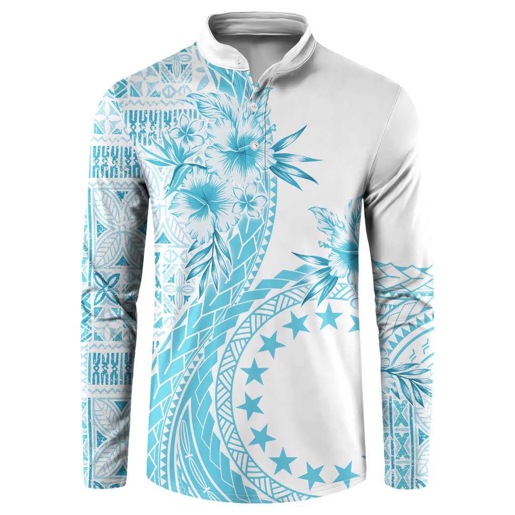 Kia Orana Cook Islands Button Sweatshirt Tiare and Stars - Turquoise LT7 Turquoise - Polynesian Pride