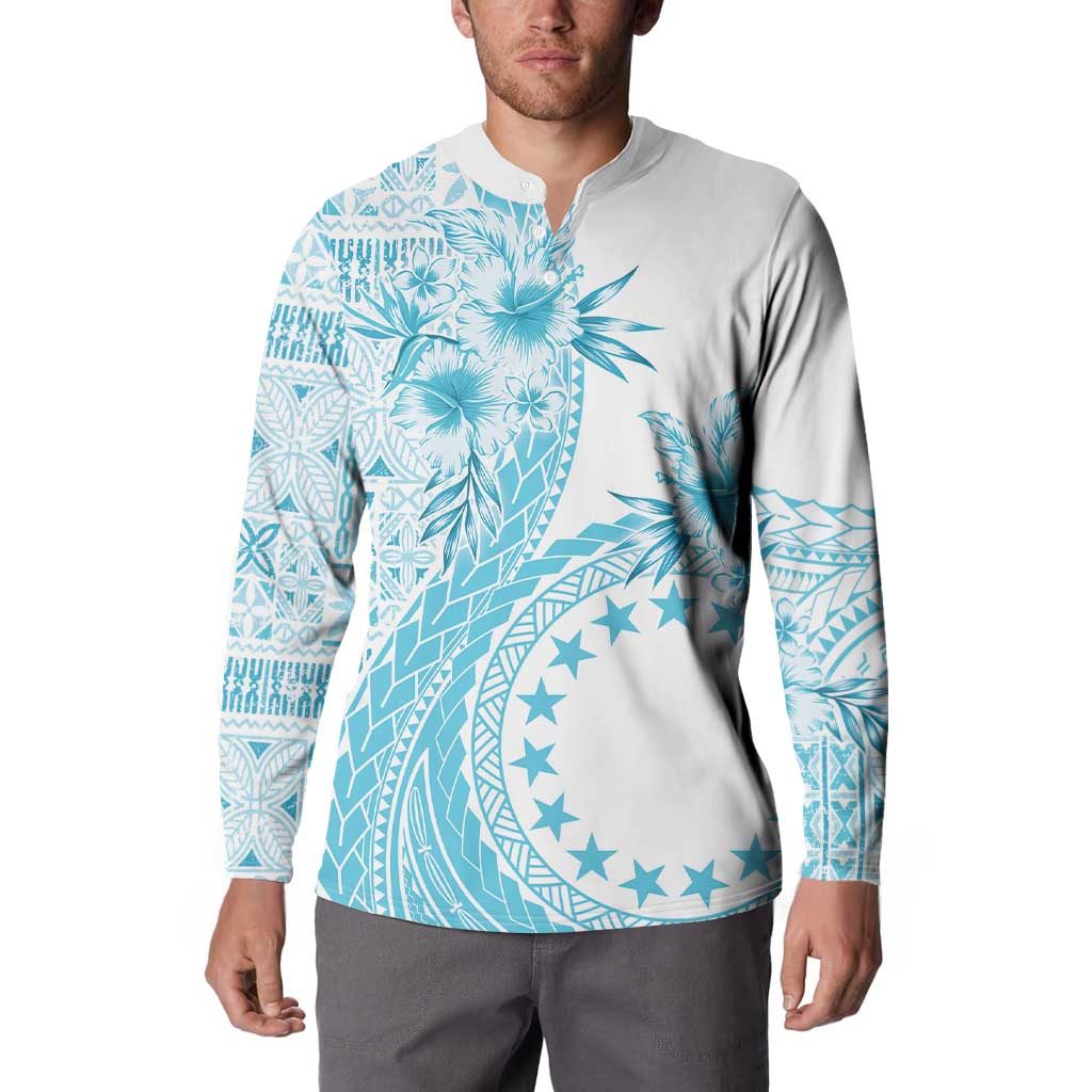 Kia Orana Cook Islands Button Sweatshirt Tiare and Stars - Turquoise LT7 - Polynesian Pride