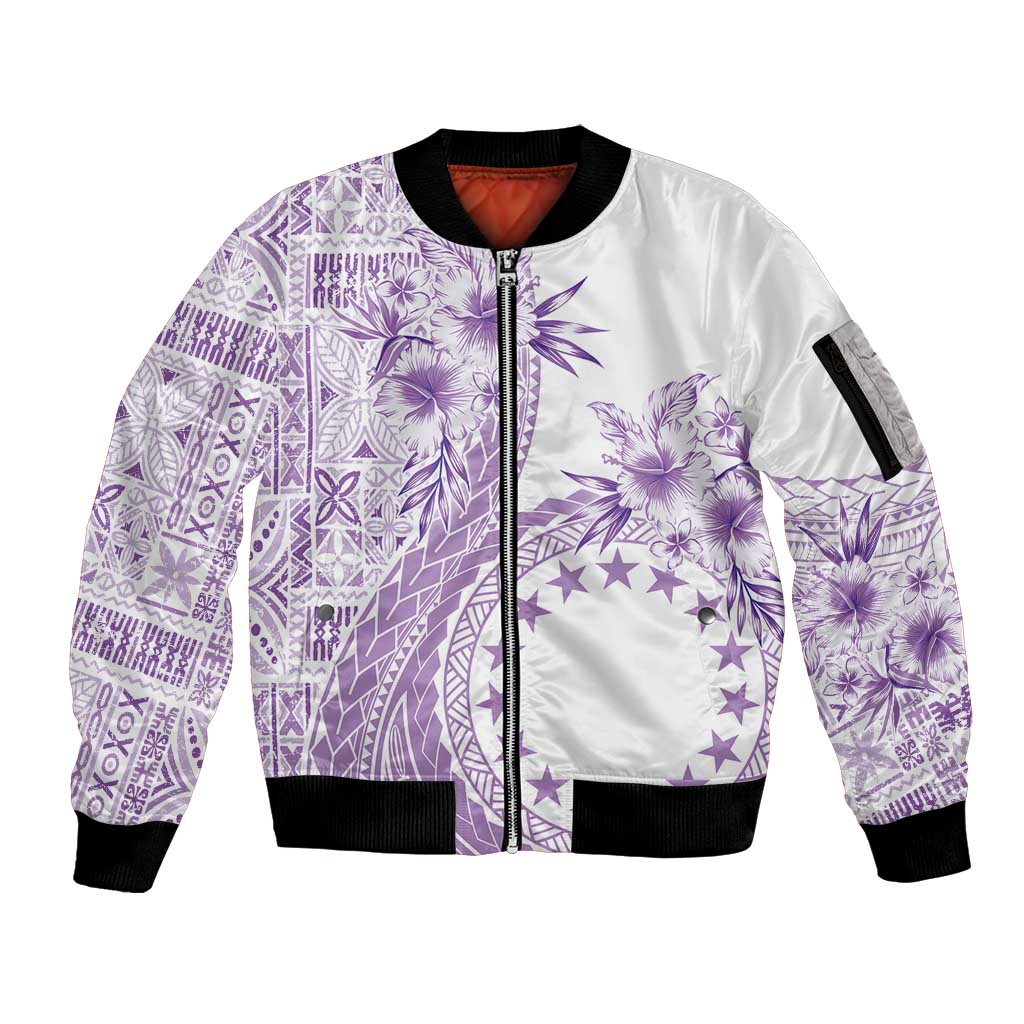 Kia Orana Cook Islands Sleeve Zip Bomber Jacket Tiare and Stars - Lavender LT7 Unisex Lavender - Polynesian Pride