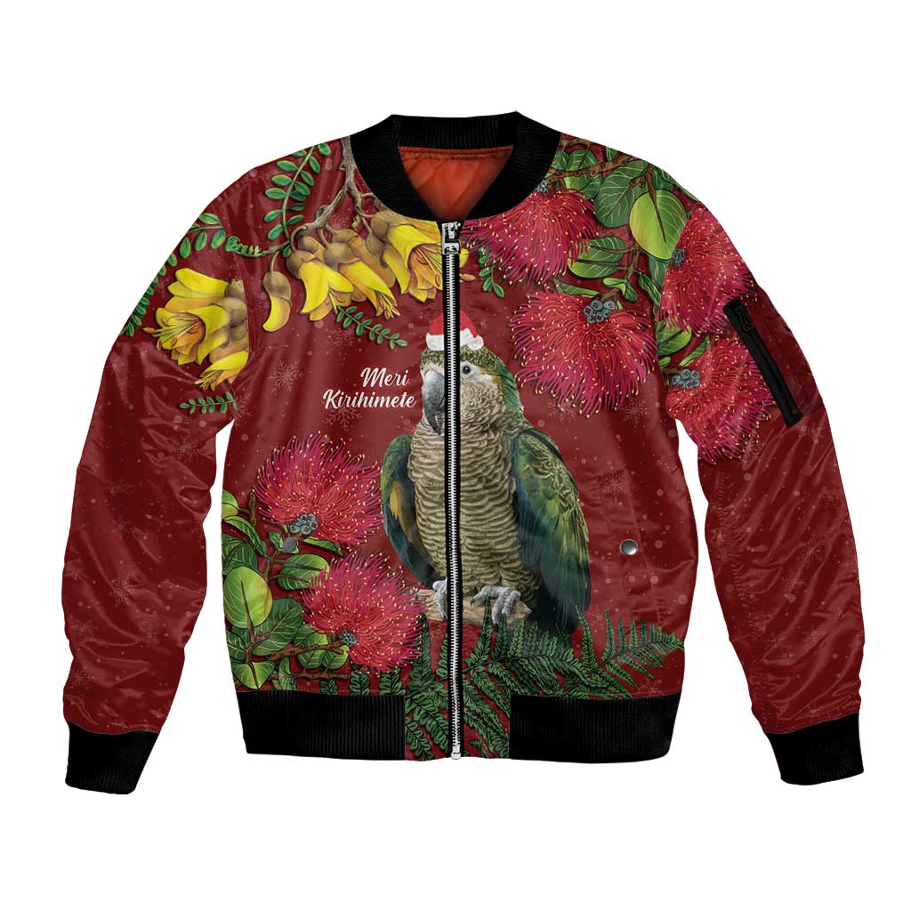 Kakapo Bird New Zealand Sleeve Zip Bomber Jacket Floral Christmas LT7 Unisex Red - Polynesian Pride
