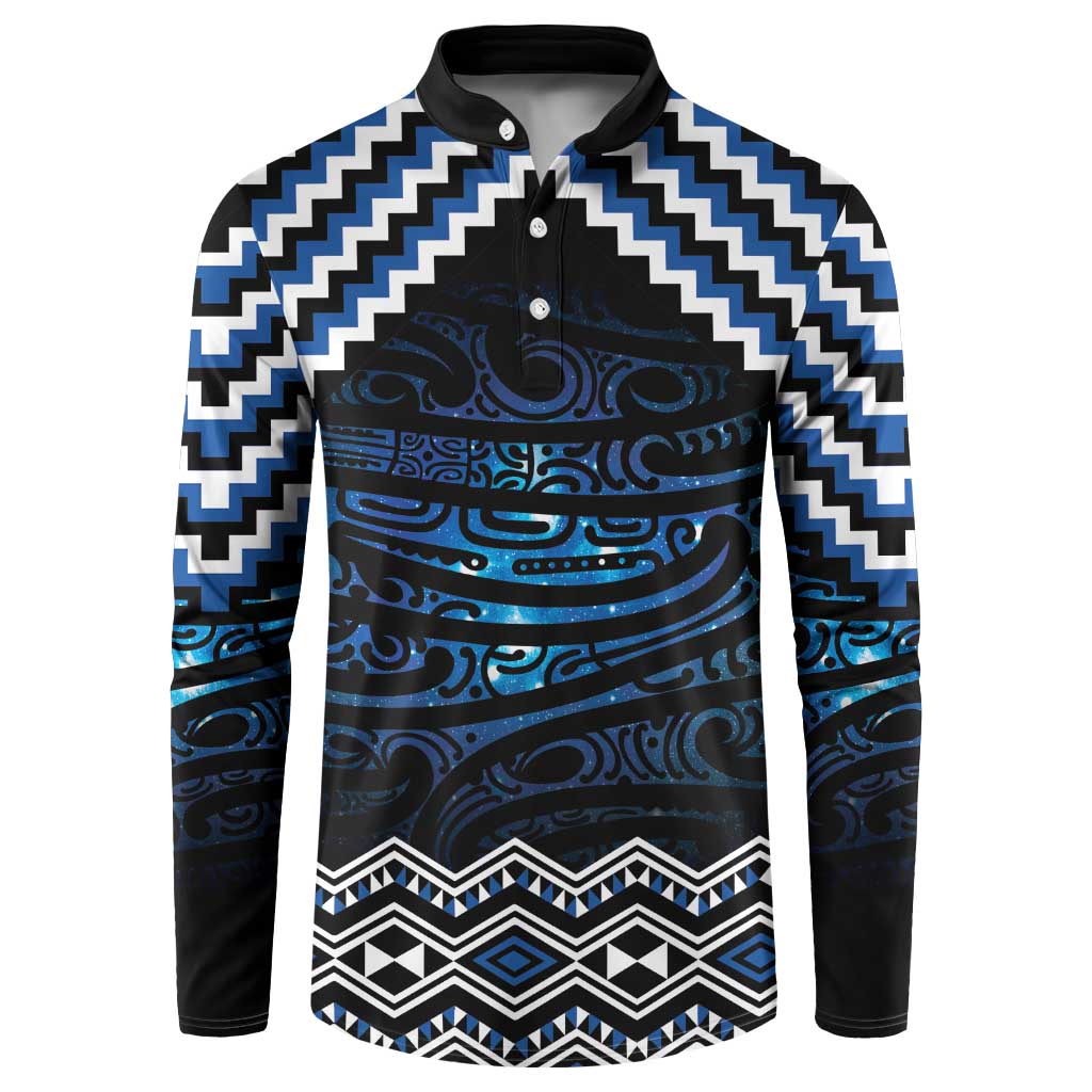 New Zealand Matariki Button Sweatshirt Galaxy Styled Taniko LT7 Blue - Polynesian Pride
