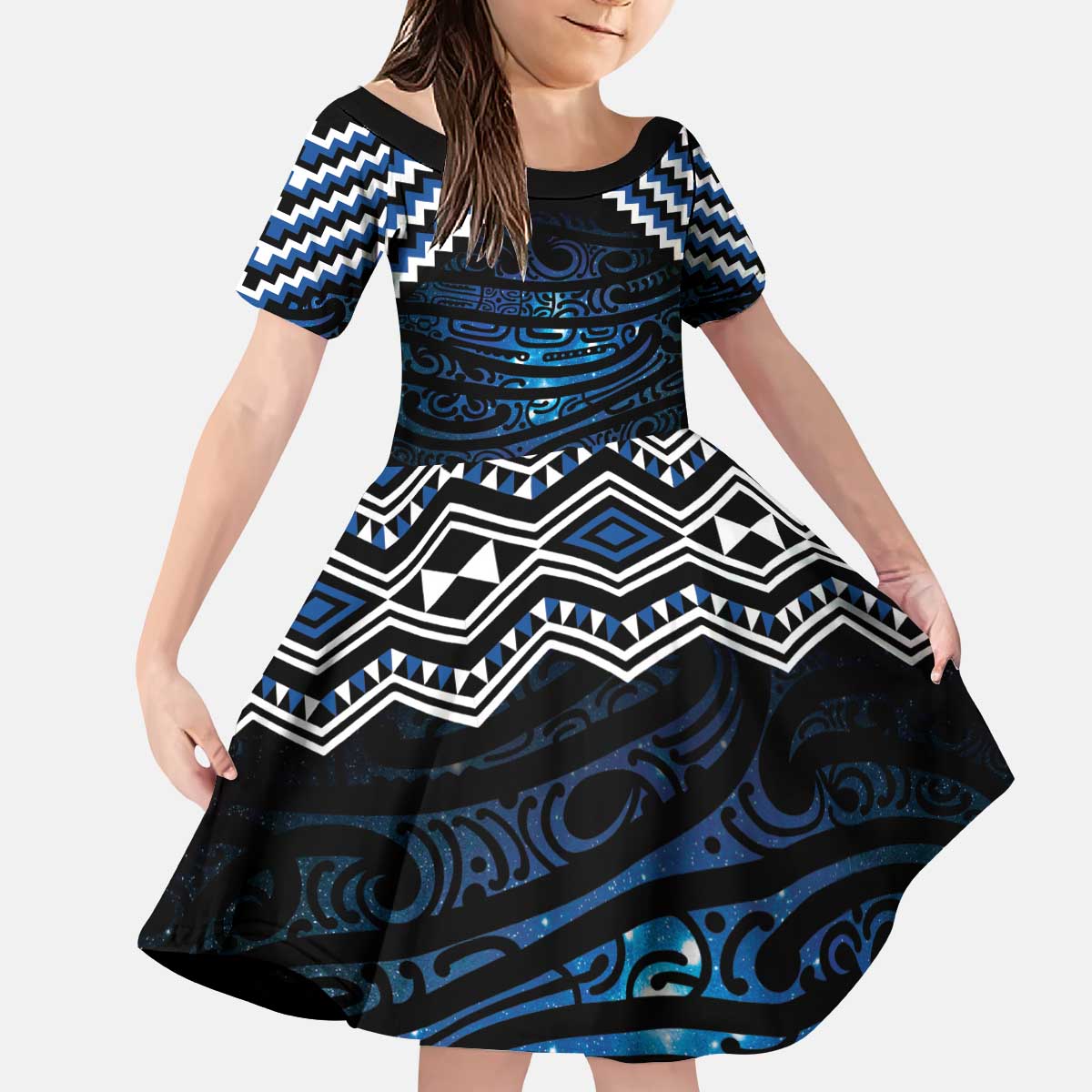 New Zealand Matariki Kid Short Sleeve Dress Galaxy Styled Taniko LT7 KID Blue - Polynesian Pride