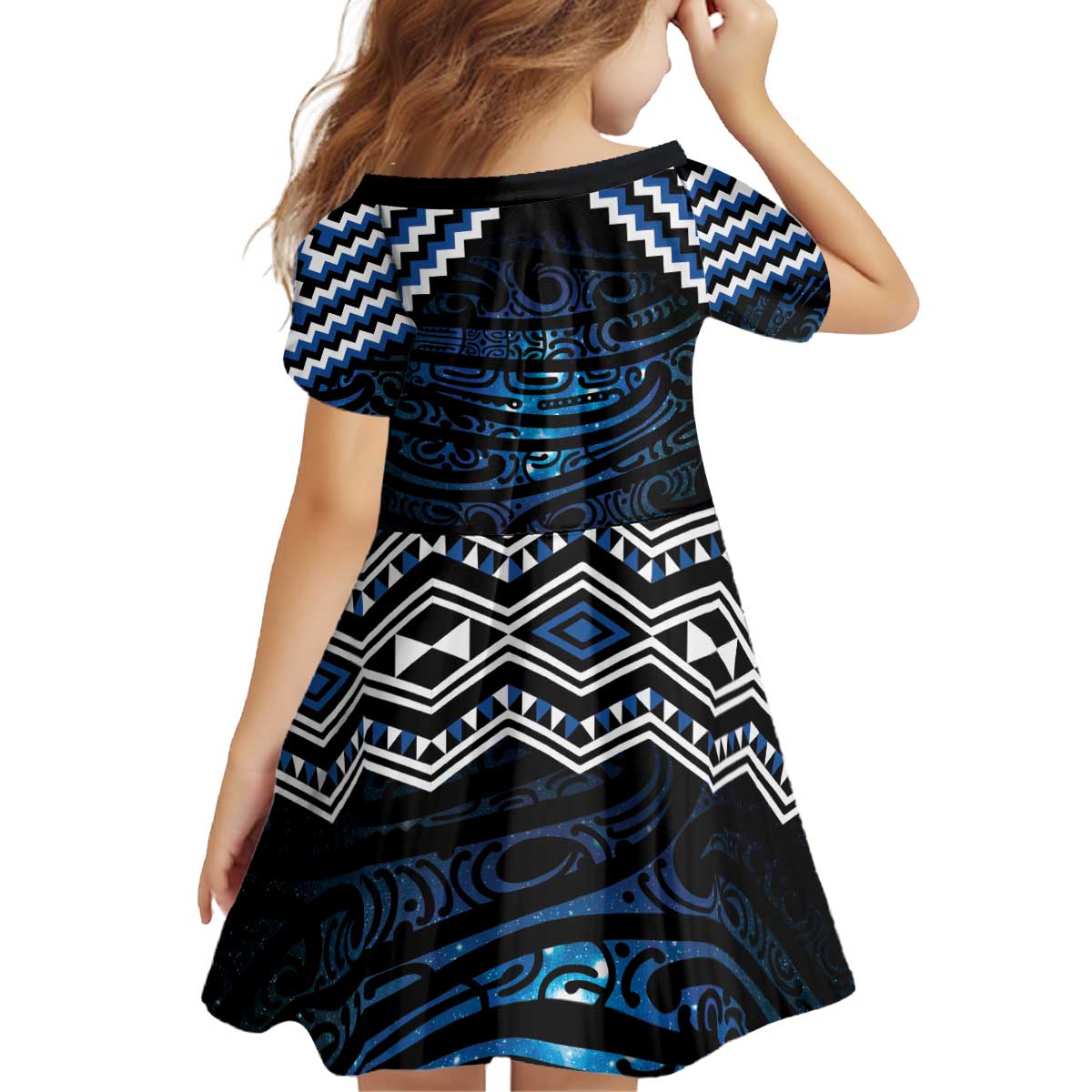 New Zealand Matariki Kid Short Sleeve Dress Galaxy Styled Taniko LT7 - Polynesian Pride