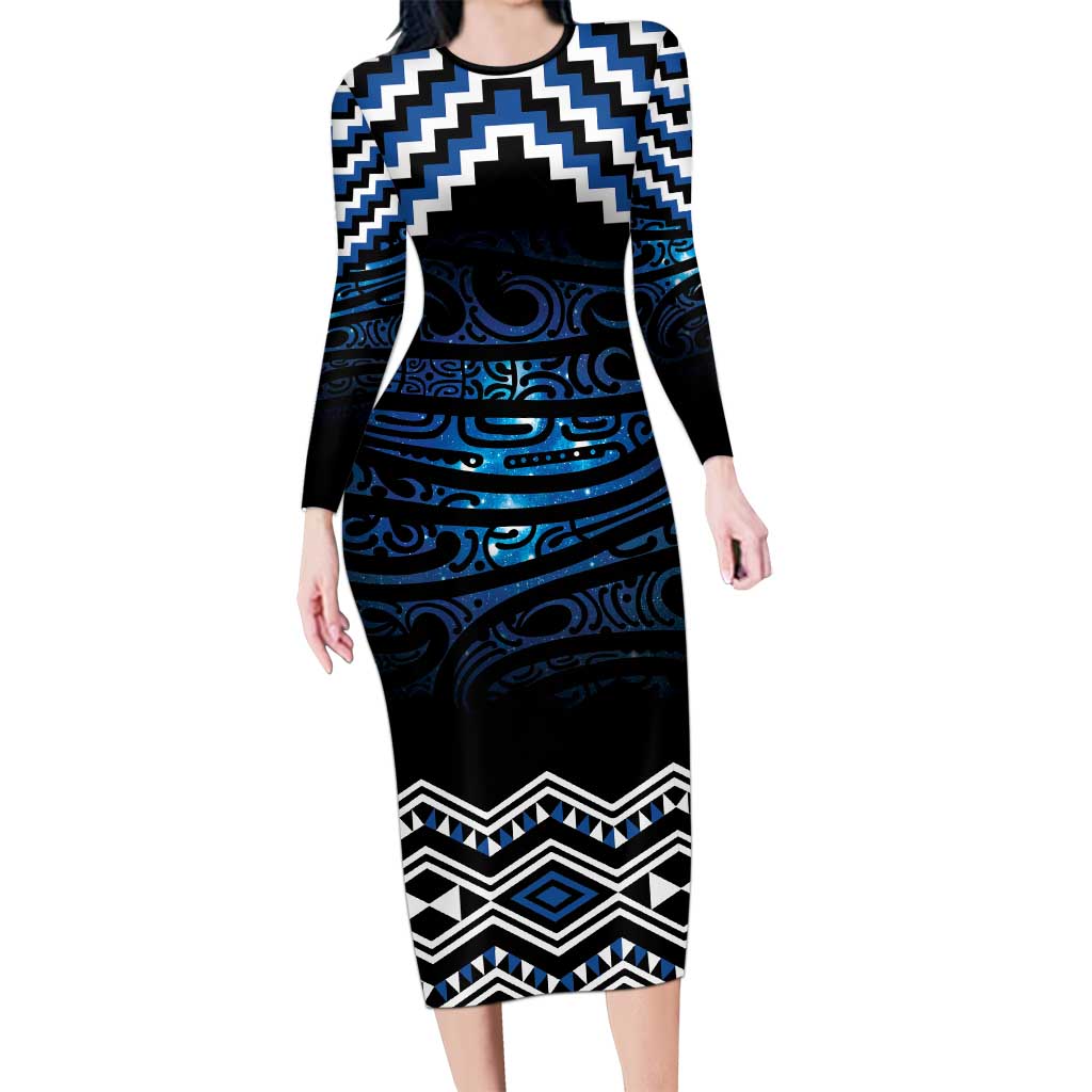 New Zealand Matariki Long Sleeve Bodycon Dress Galaxy Styled Taniko LT7 Long Dress Blue - Polynesian Pride