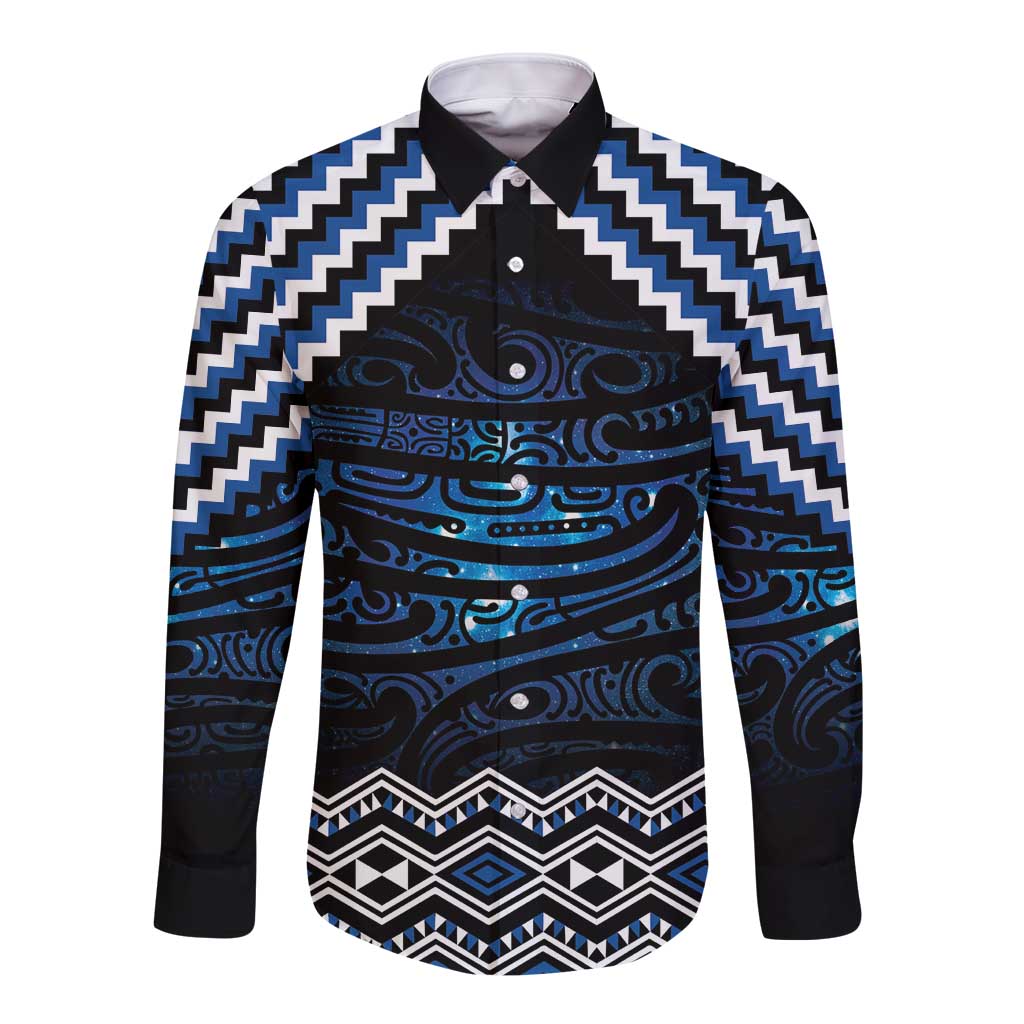 New Zealand Matariki Long Sleeve Button Shirt Galaxy Styled Taniko LT7 Unisex Blue - Polynesian Pride